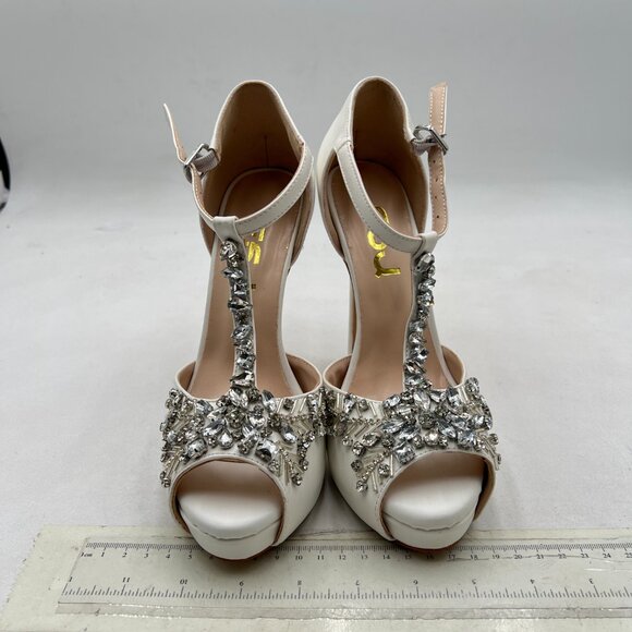 FSJ White Crystal T Strap High Heel Bridal Wedding Open Toe Rhinestones Sandals - Picture 3 of 8